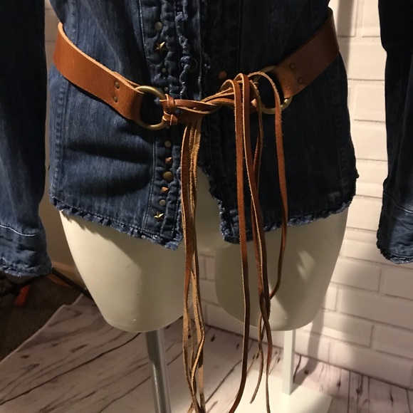 Accessories - Brown leather tie belt long fringe brass hardware